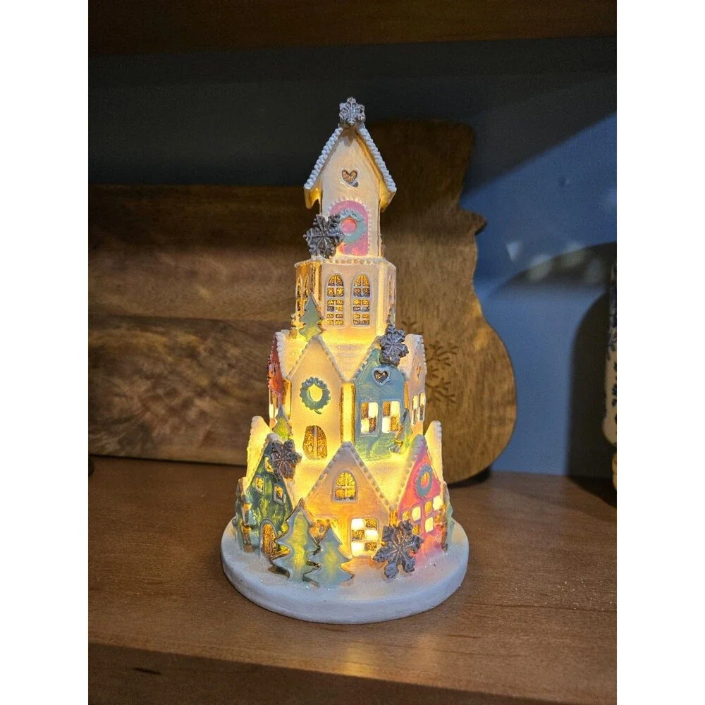 NEW Light-Up Pastel Pink Gingerbread Sugar Frosted Castle House Christmas Decor